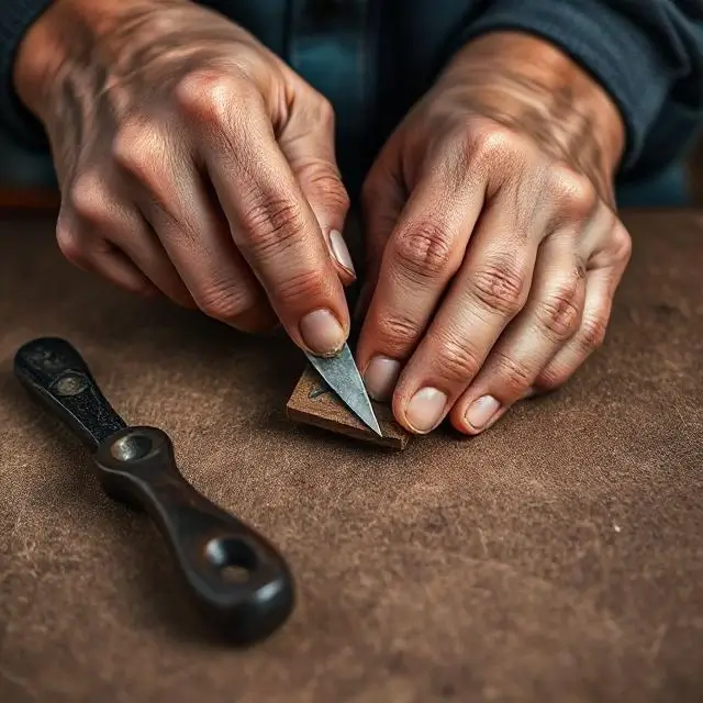 Close-up of hands tooling fine leather