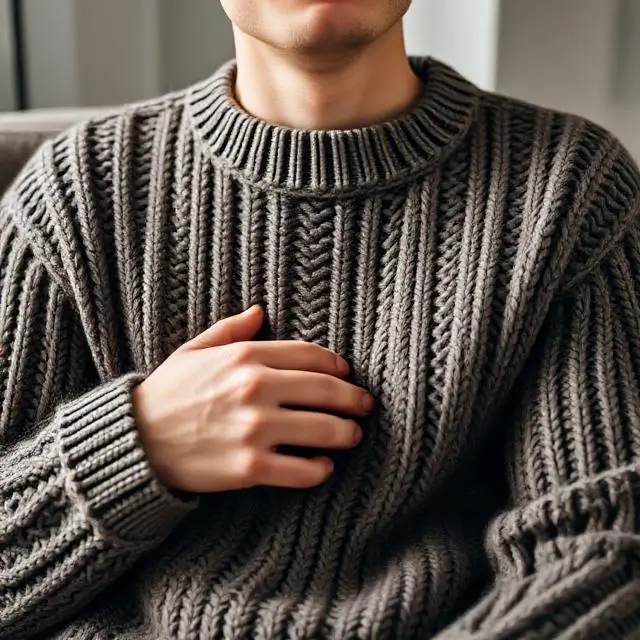 Person enjoying the comfort of a fine knit sweater