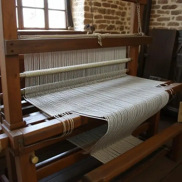 A traditional weaving loom in action at a historic mill