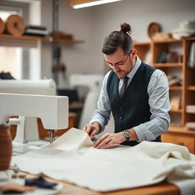 A master tailor meticulously cutting fabric in the atelier
