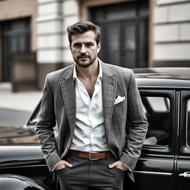 Man wearing a blazer next to a vintage car