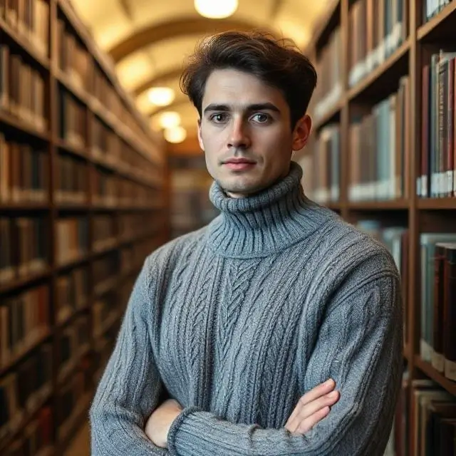 Person in a library wearing fine knitwear