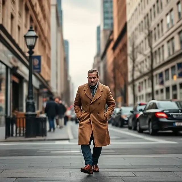 Man in a classic overcoat walking through the city
