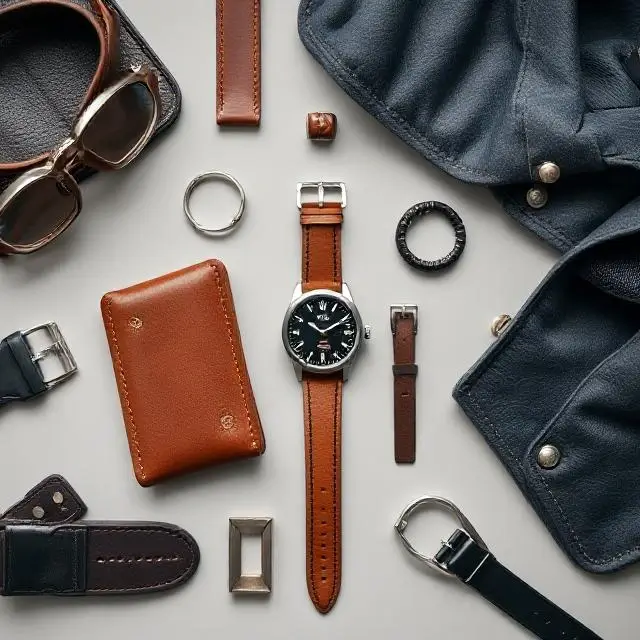 Curated flat lay of men's leather accessories and a watch