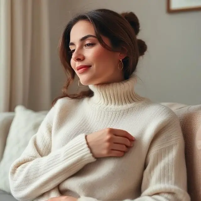 Look 04: A woman feeling the comfort of a cashmere sweater