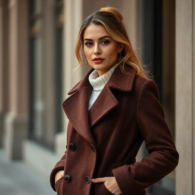 A woman exuding confidence and elegance in a Kings&Jacks coat